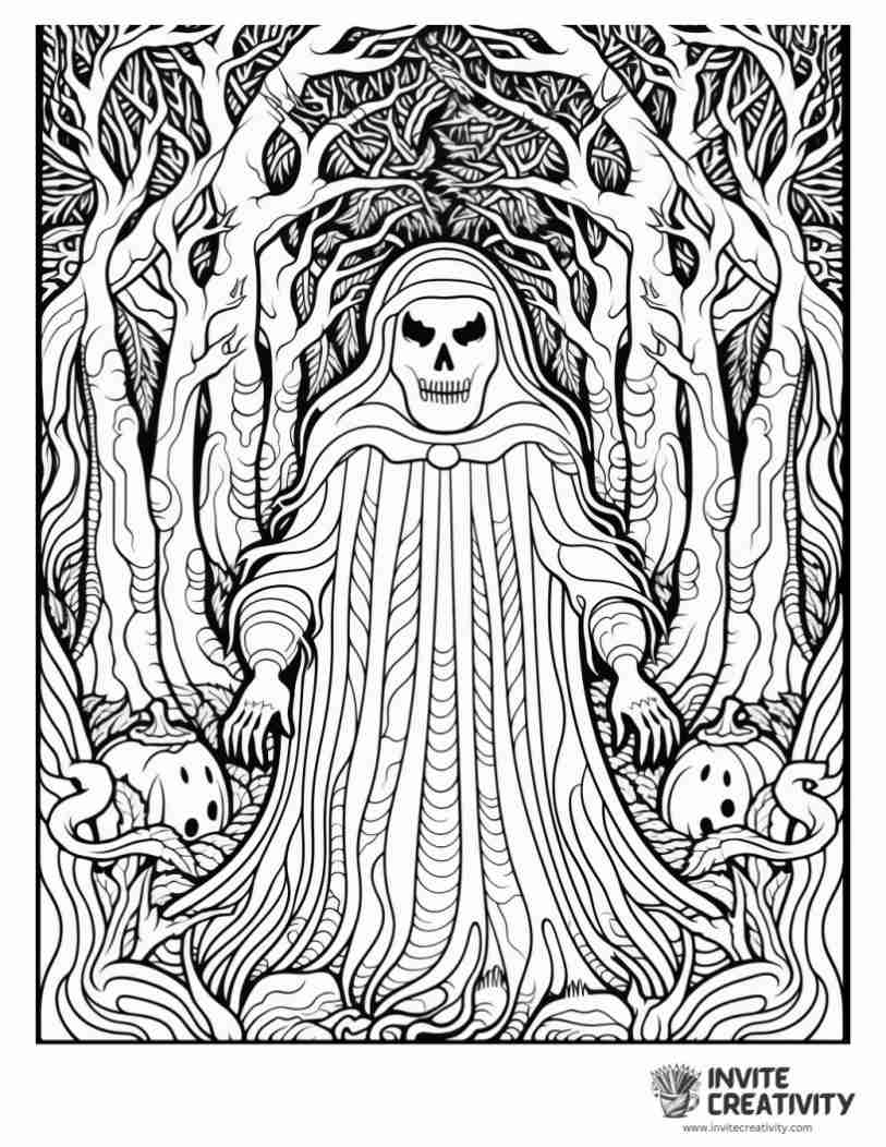Coloring sheet of ghost in the haunted forest