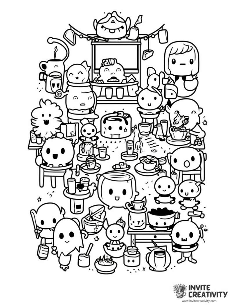 Coloring sheet of ghost tea party aesthetic