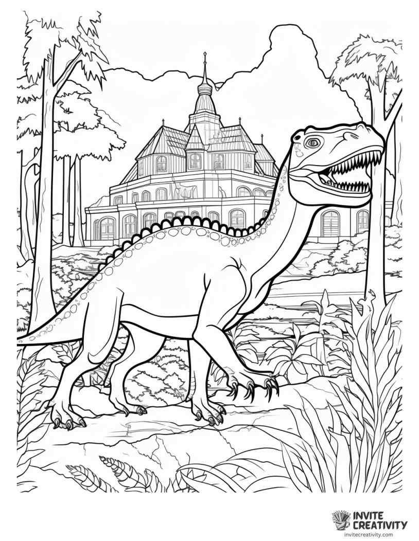 allosaurus in a prehistoric setting coloring sheet