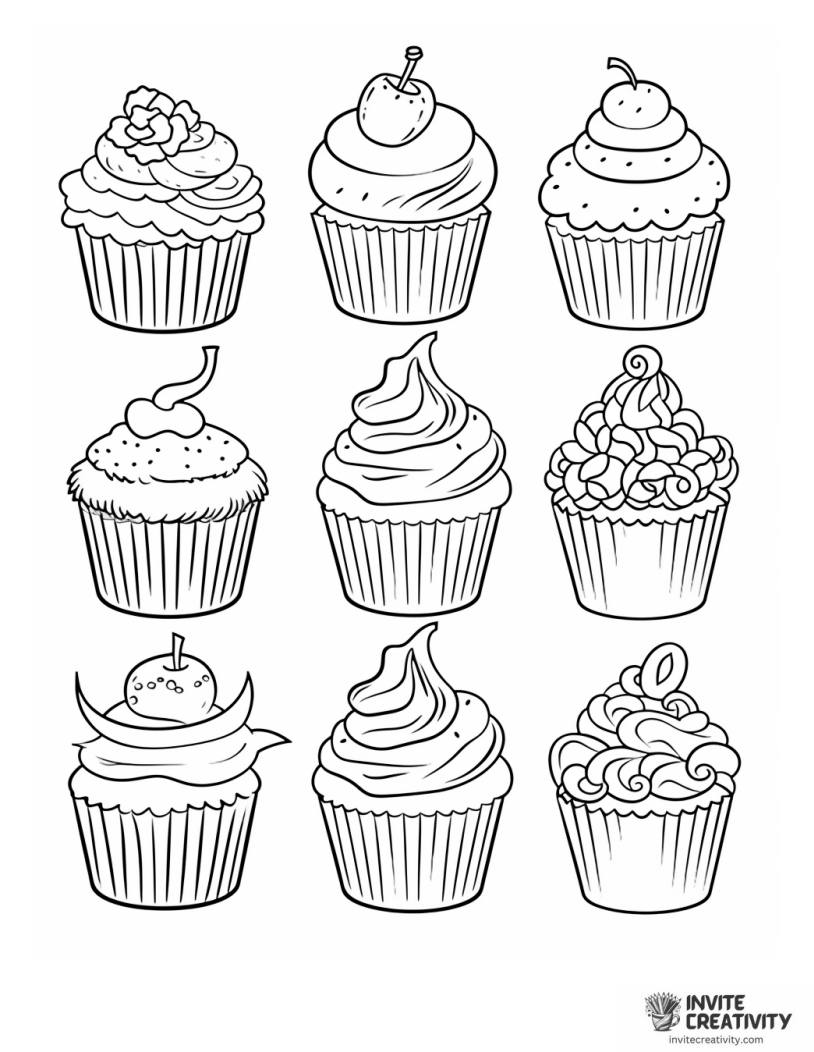 assorted cupcakes drawing to color