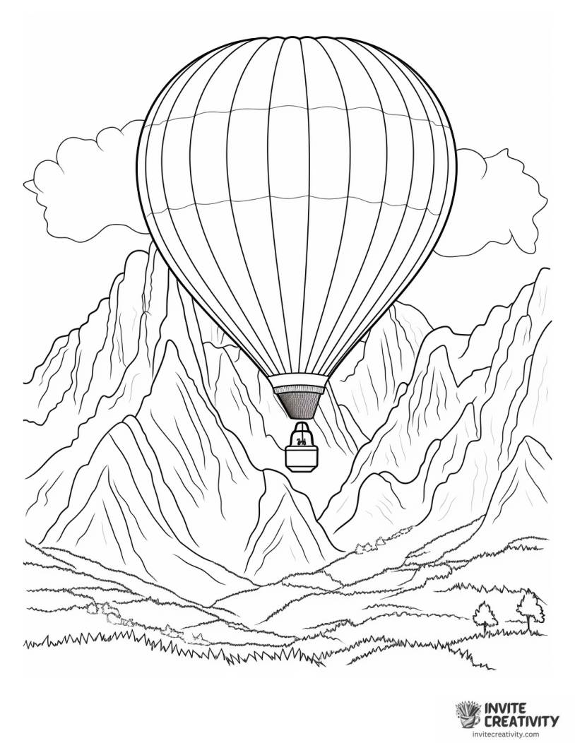 balloon soaring above mountains drawing to color