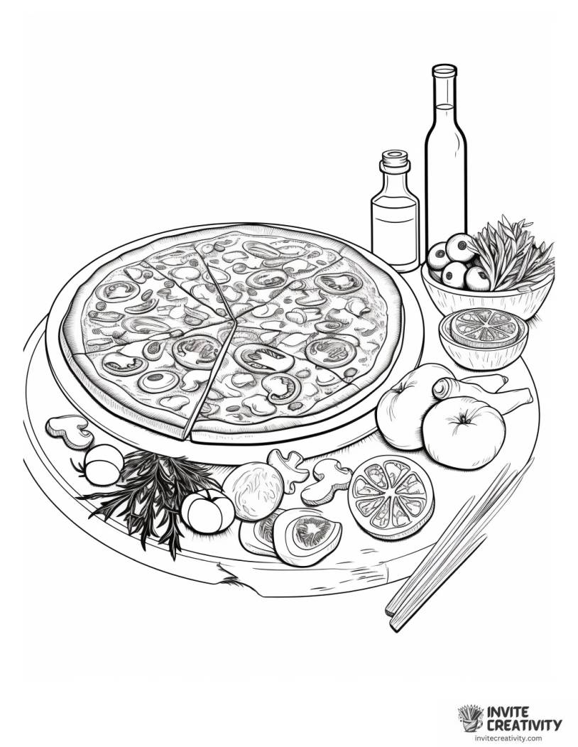 blank pizza with ingredients around it coloring page