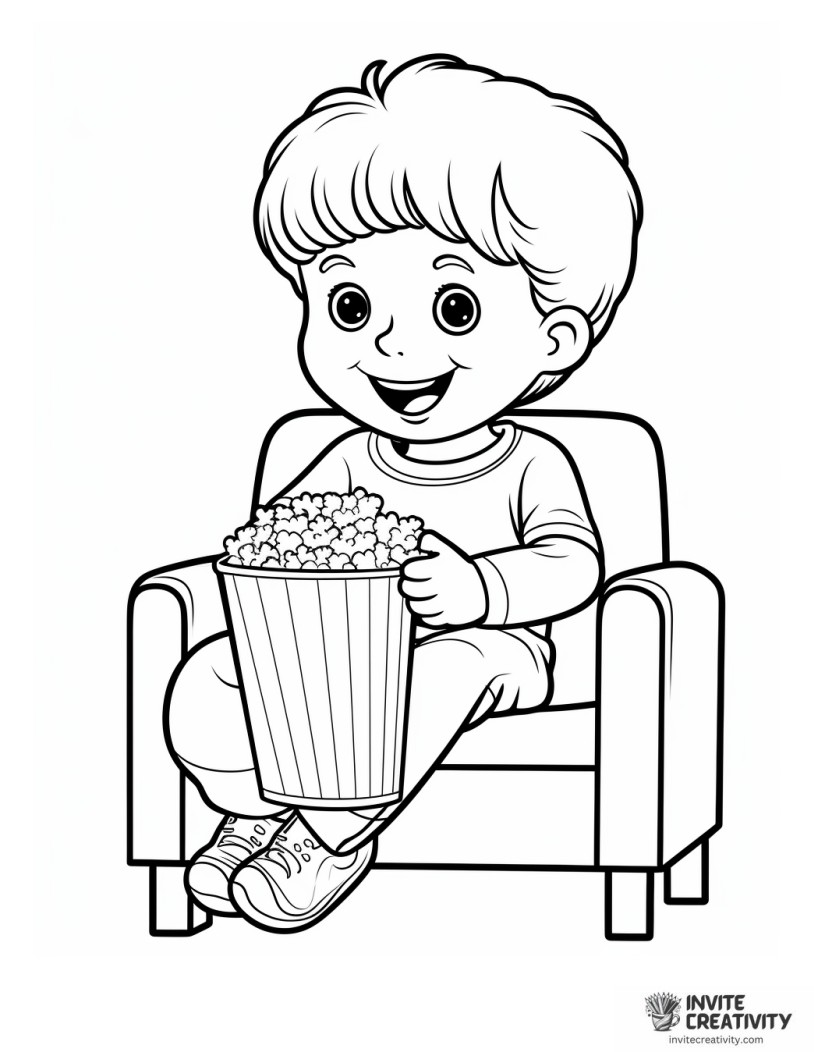 boy with popcorn drawing to color