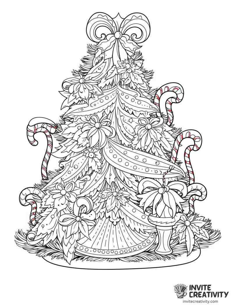 candy cane on a christmas tree Coloring book page