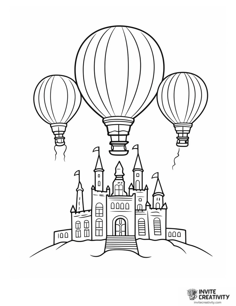 castle with hot air balloon overhead coloring sheet