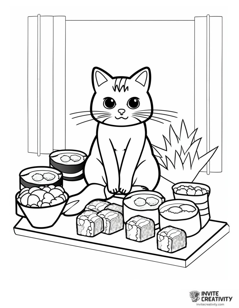 cat and sushi coloring page