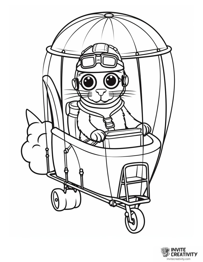 cat flying hot air balloon coloring book page