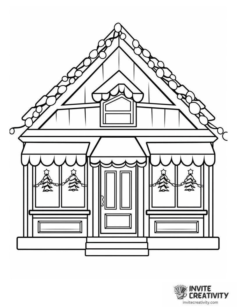 christmas decoration on a house Coloring book page