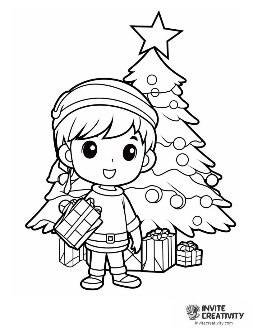 christmas elf by the christmas tree drawing to color