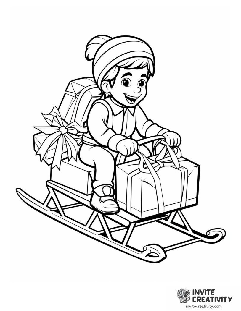 christmas elf delivering presents on the sled color Coloring page