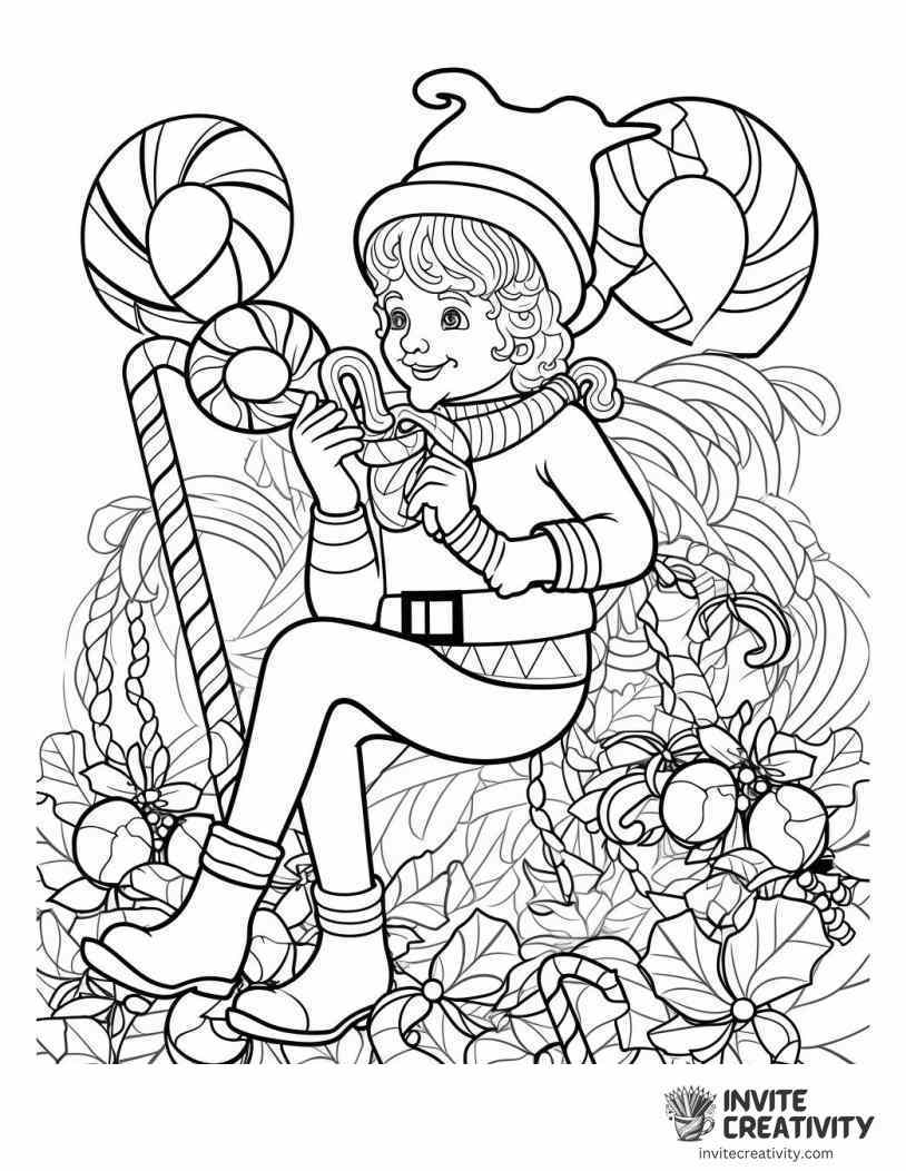christmas elf eating candy cane Page to Color