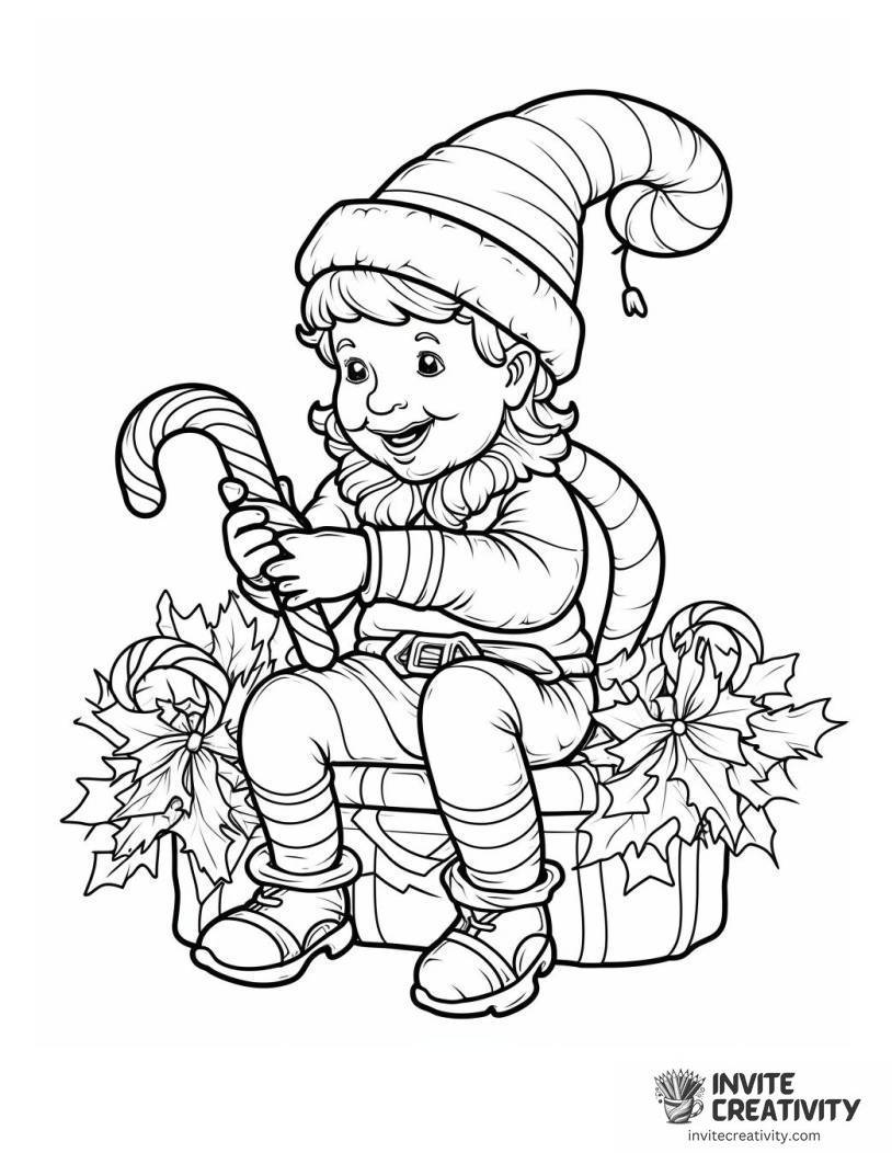 christmas elf holding candy cane Coloring page
