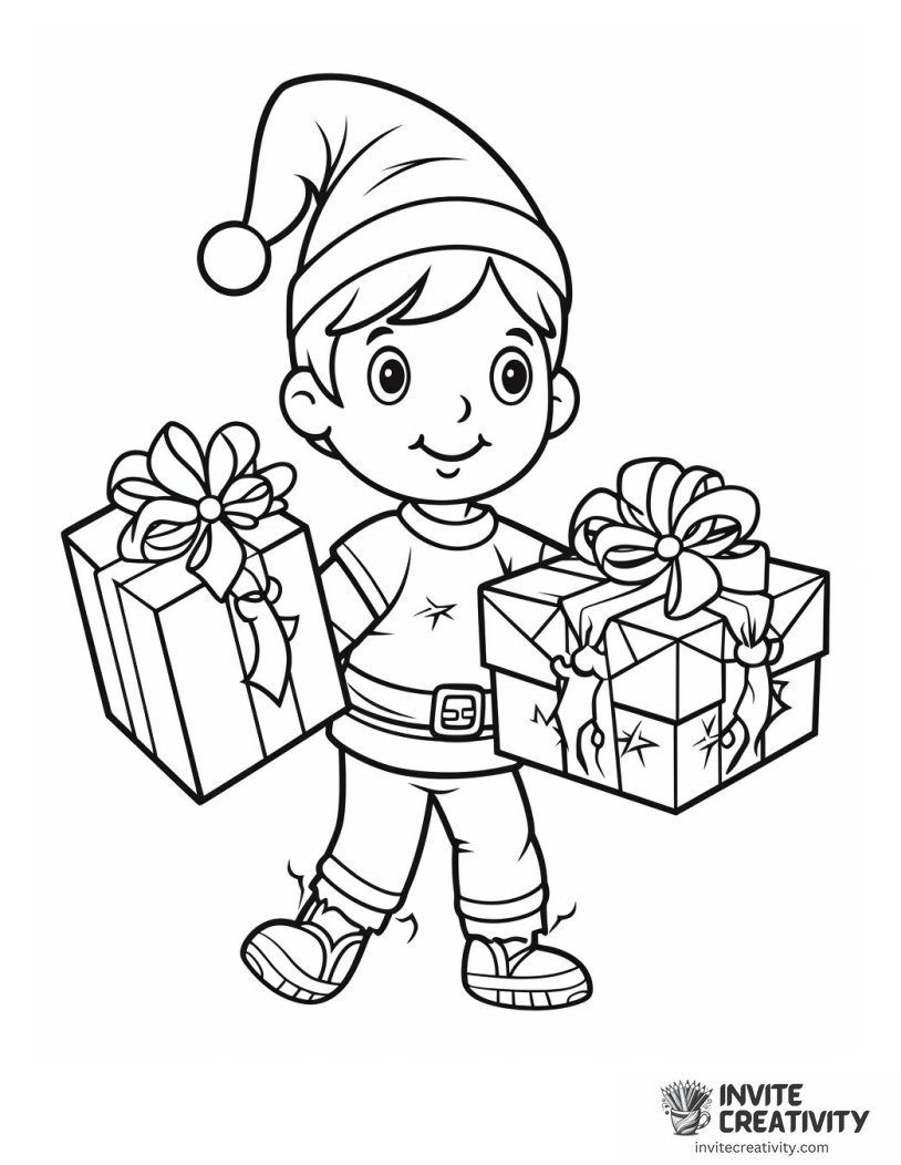 christmas elf holding gifts Coloring sheet of