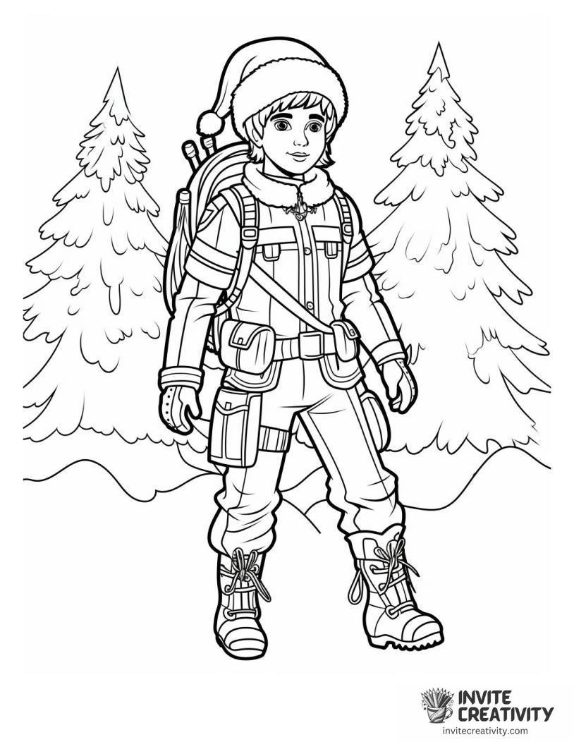 christmas elf in snowy forest Coloring page