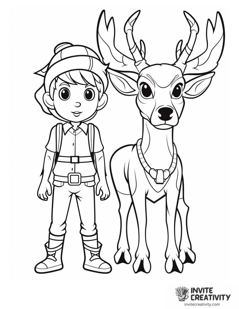 christmas elf with reindeer Page to Color