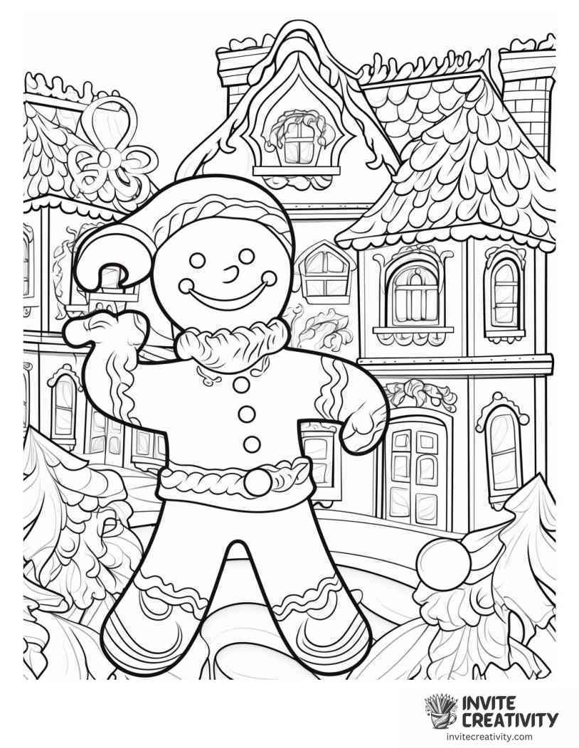 christmas gingerbread man in christmas village Coloring page of