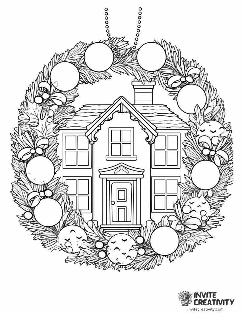 christmas ornament wreath and house Page to Color