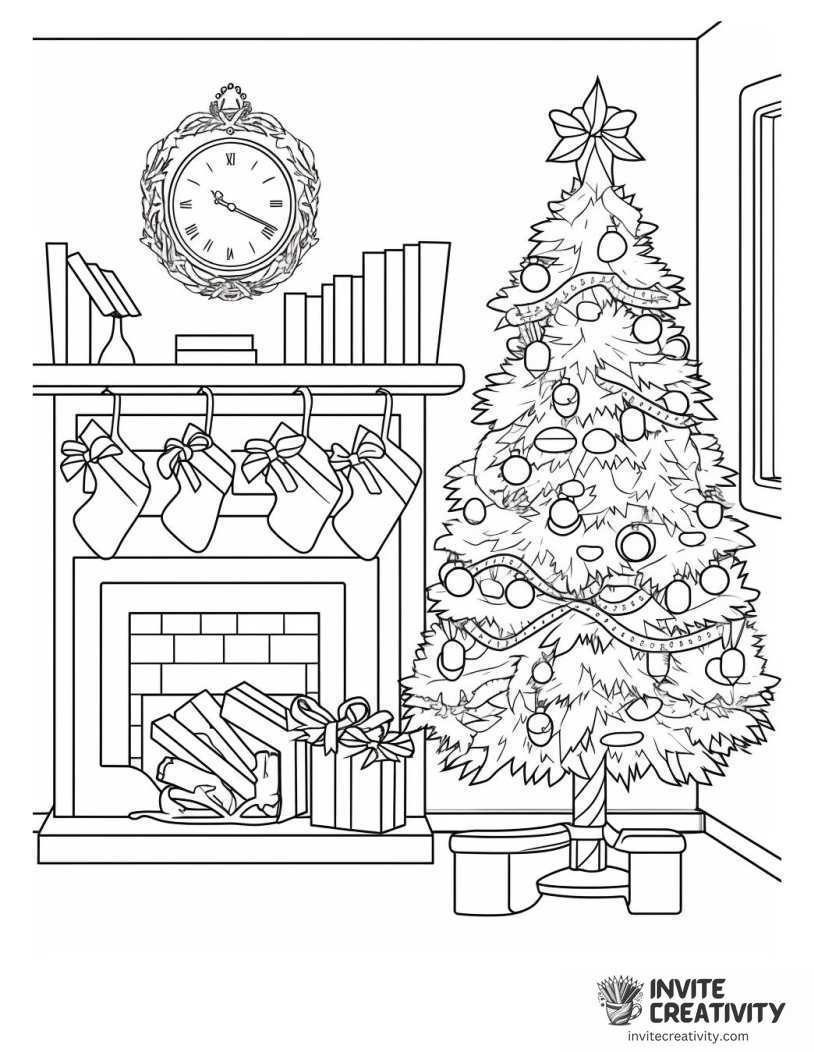 christmas ornaments by the fireplace drawing to color