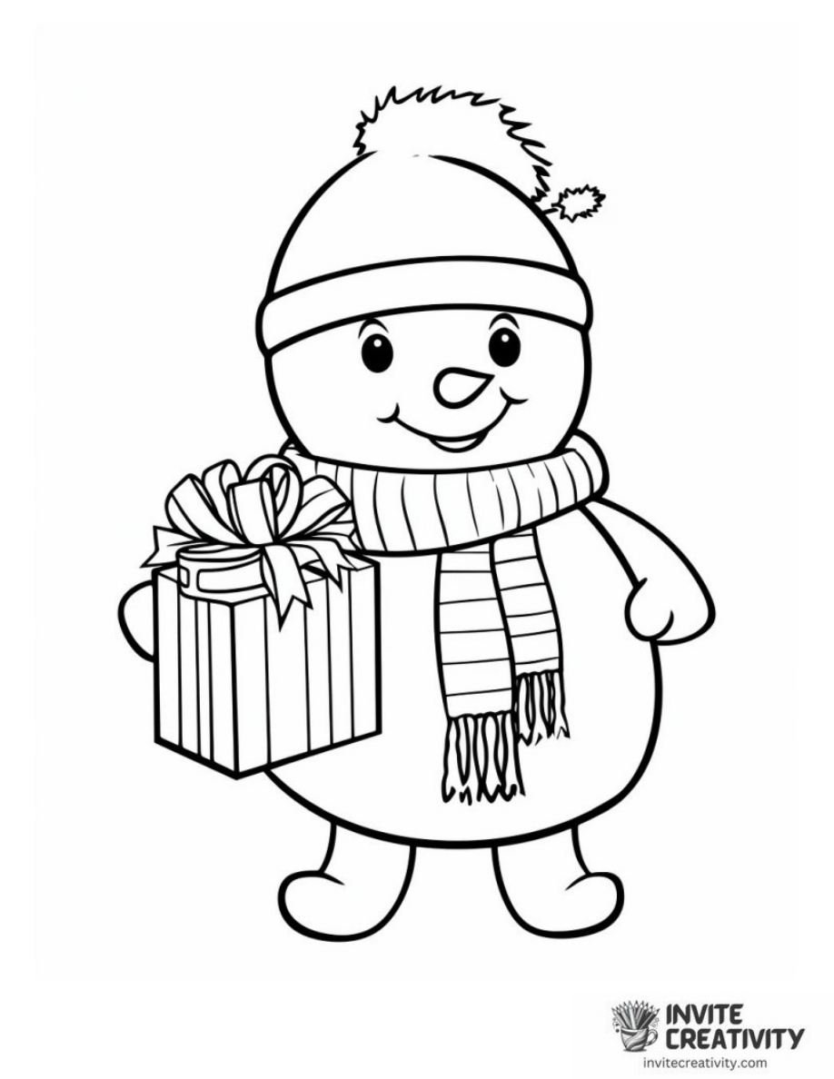 Christmas Snowman Holding a Gift Coloring Page of