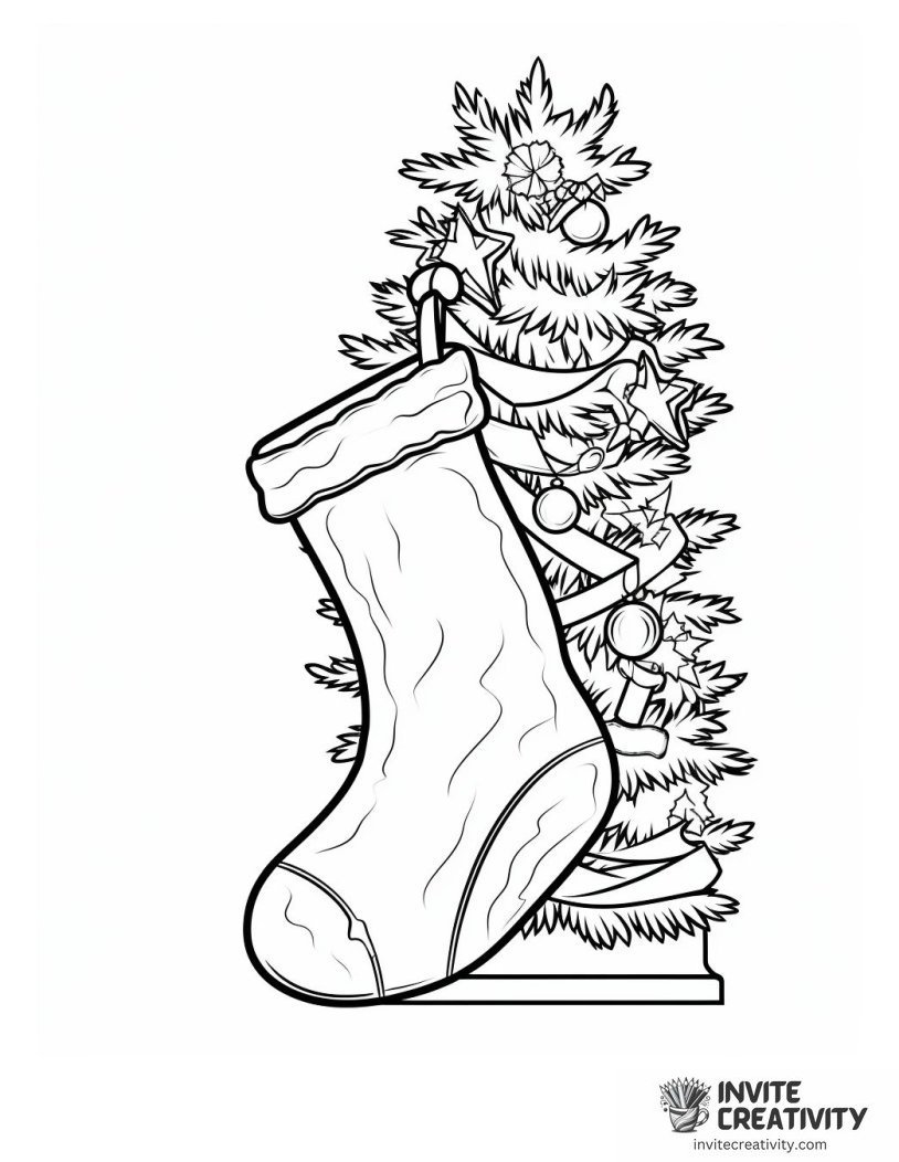 christmas stocking and tiny tree Page to Color