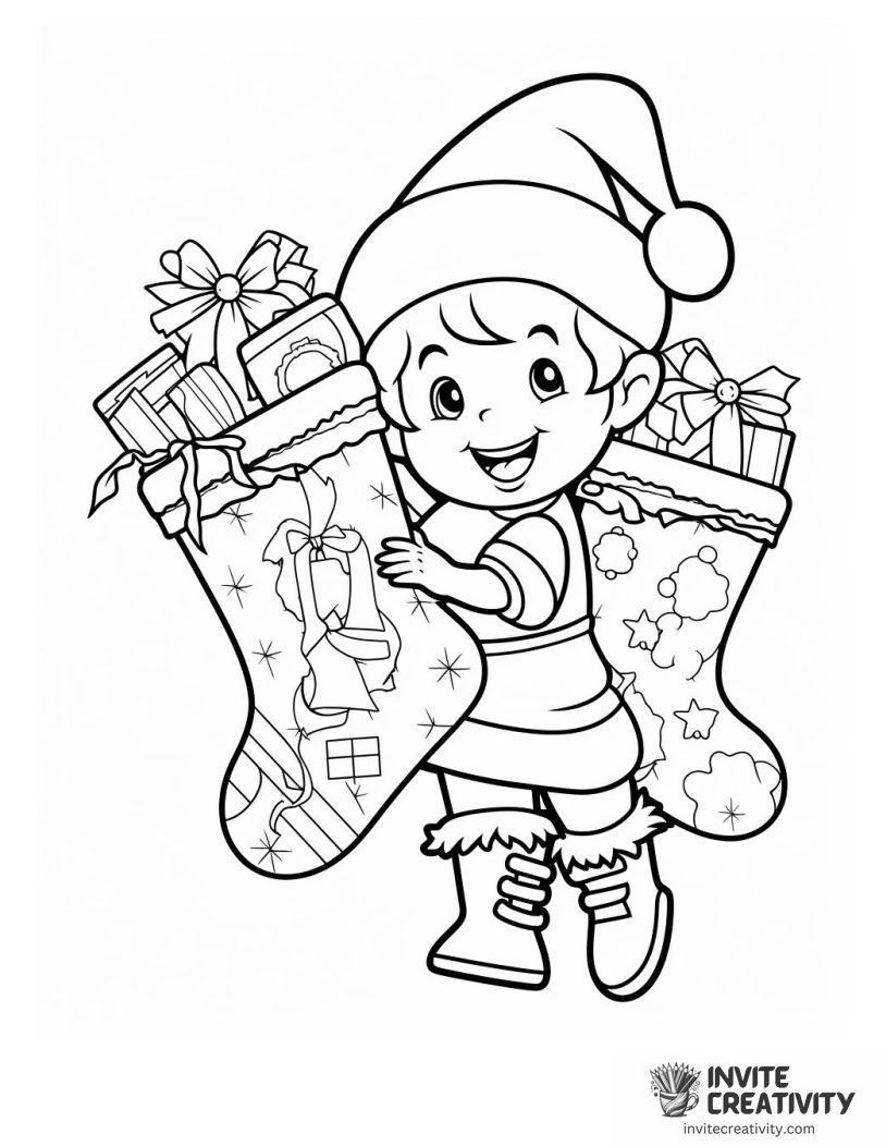 christmas stocking with elf inside Coloring page