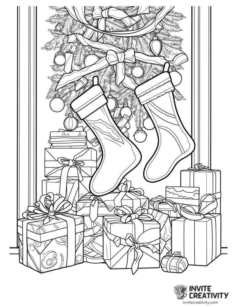 christmas stocking with presents Coloring sheet of