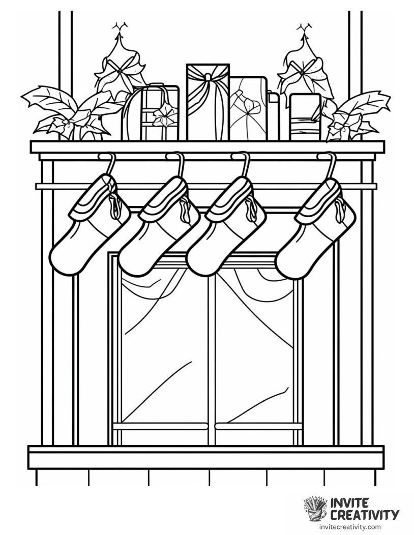 christmas stockings above a fireplace Coloring sheet