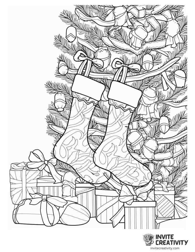 christmas stockings by the christmas tree Coloring page