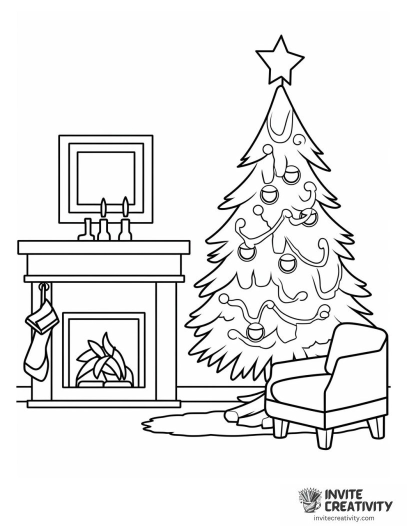 christmas tree next to a fireplace Coloring book page