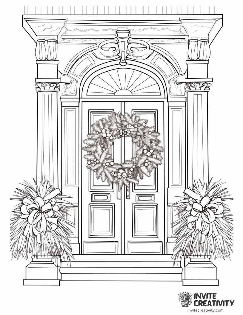 christmas wreath on the house entrace Coloring page