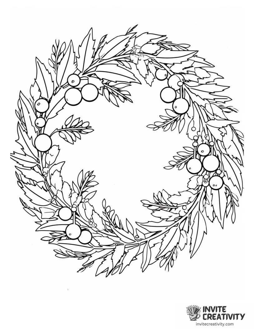 christmas wreath with holly leaves and red berries Coloring sheet