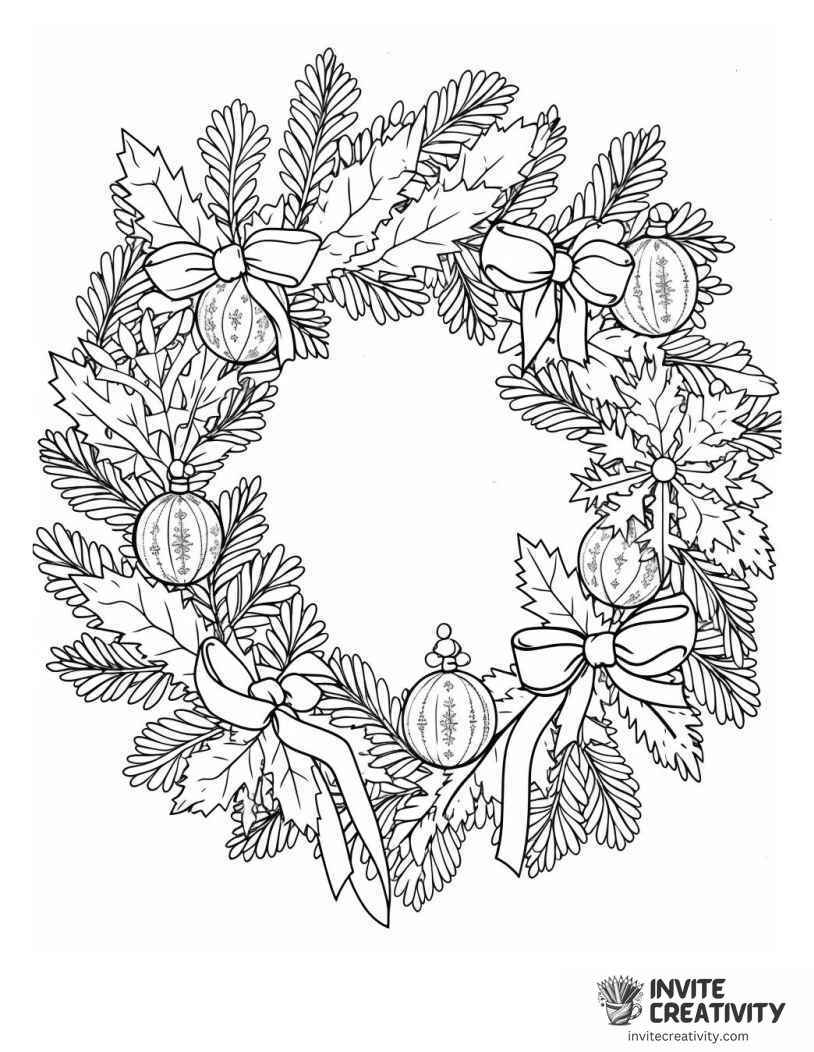 christmas wreath with ornaments and bowties drawing to color