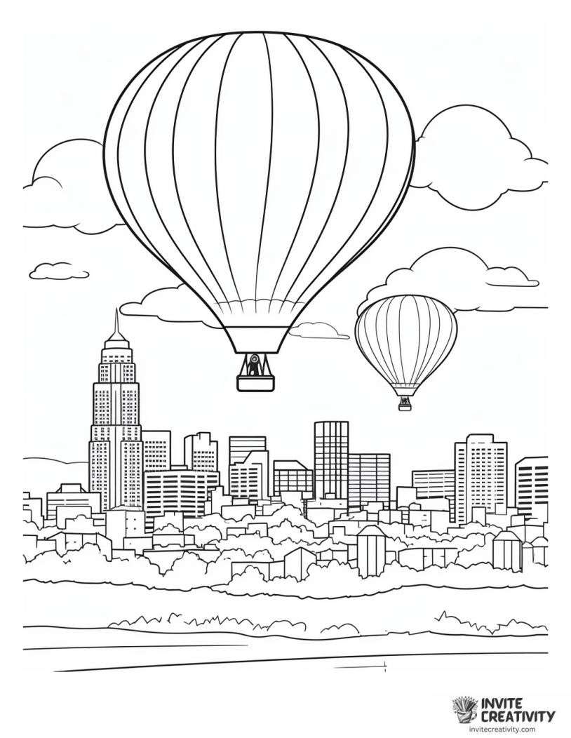 cityscape with hot air balloon coloring sheet