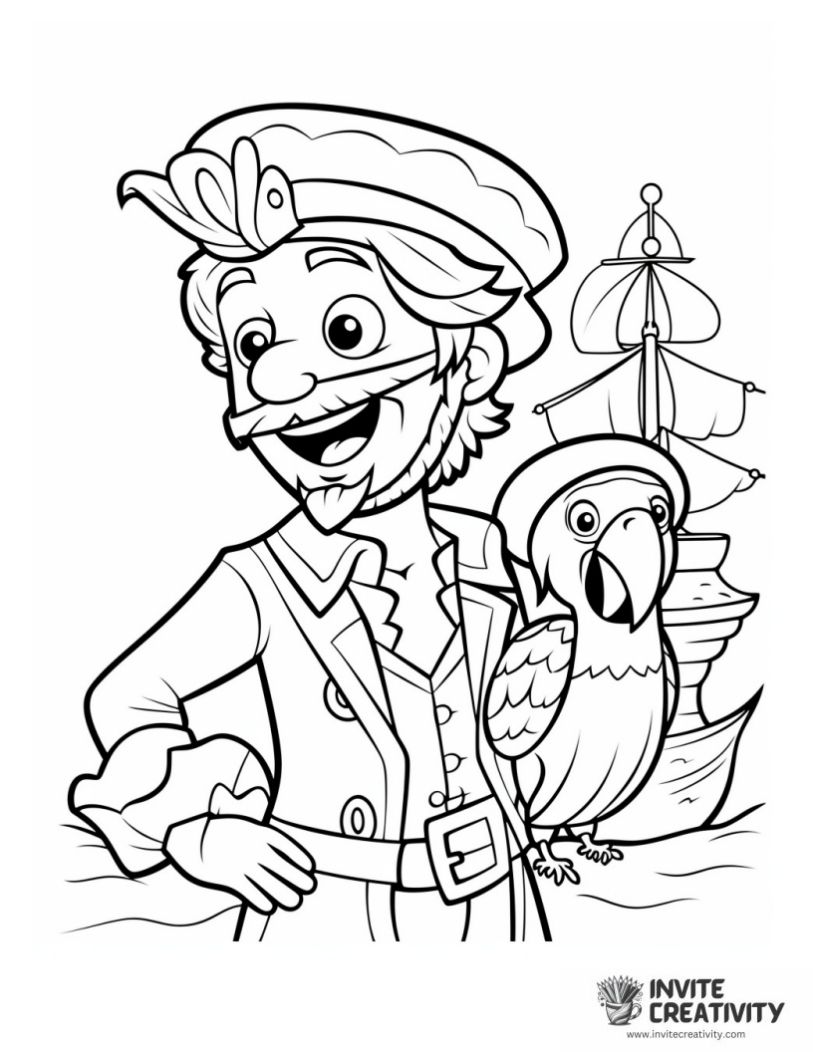 coloring page of a pirate with a parrot