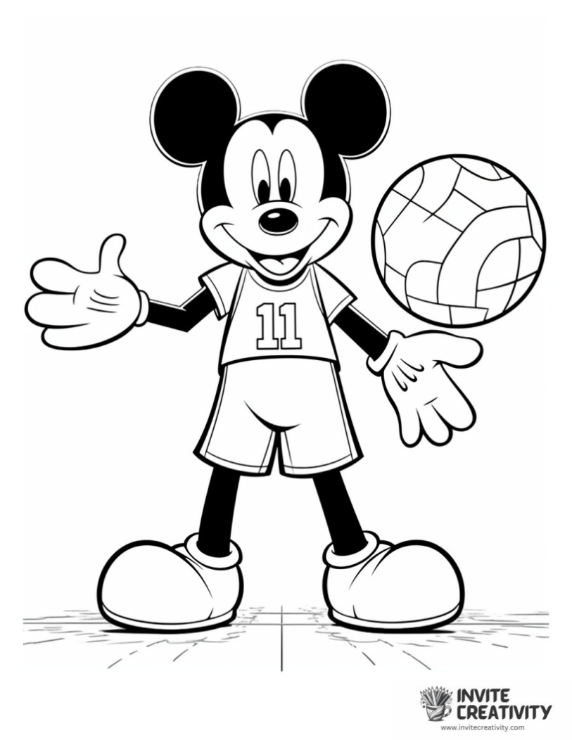 coloring page of cute mickey mouse playing volleyball