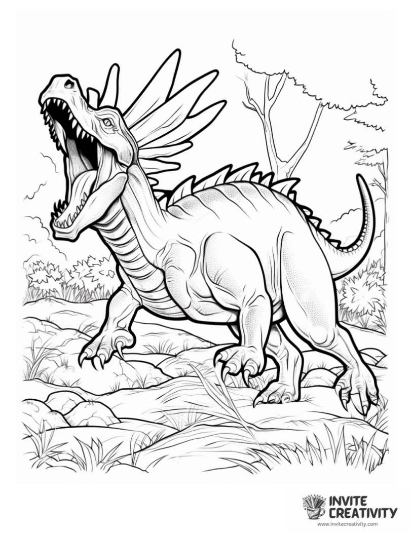 coloring page of detailed triceratops roaring