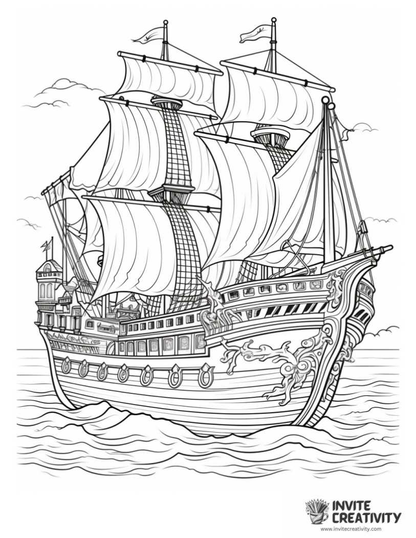 coloring page of fantasy ship on the sea