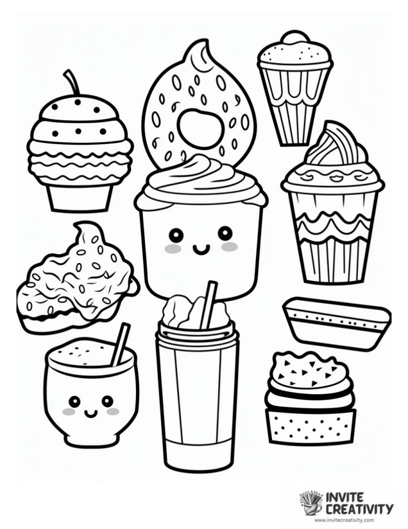 coloring page of junk food kawaii