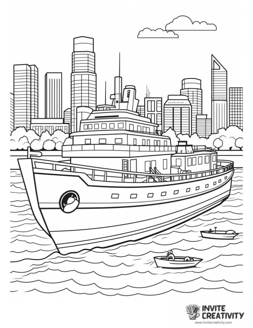 coloring page of ship and beautiful landscape