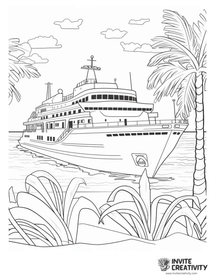 coloring page of ship near the beach