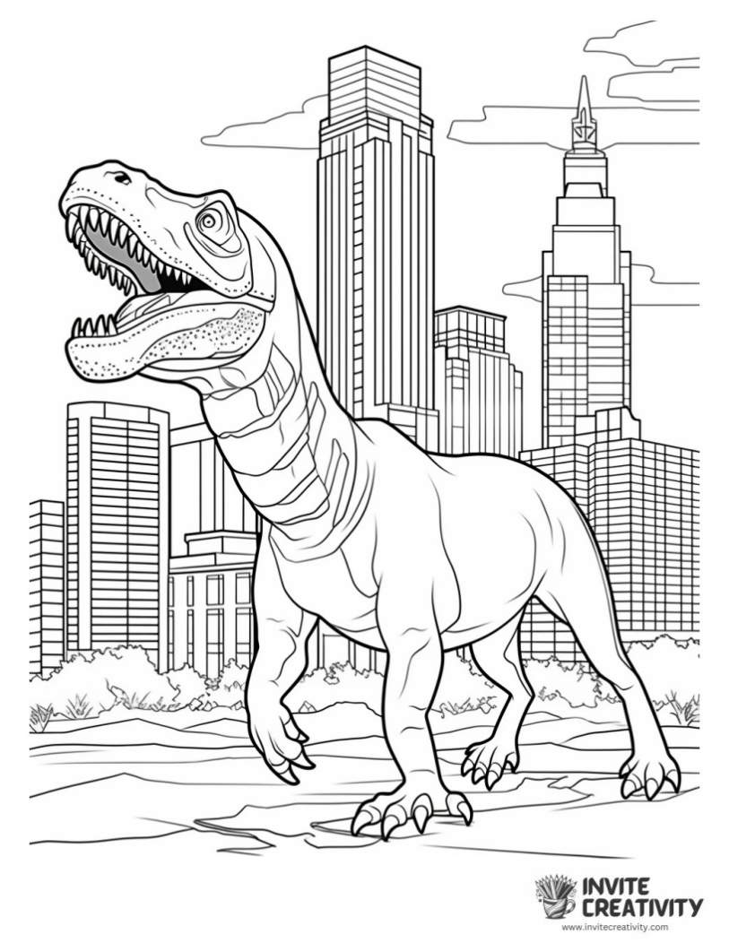 coloring page of tyrannosaurus rex in the city