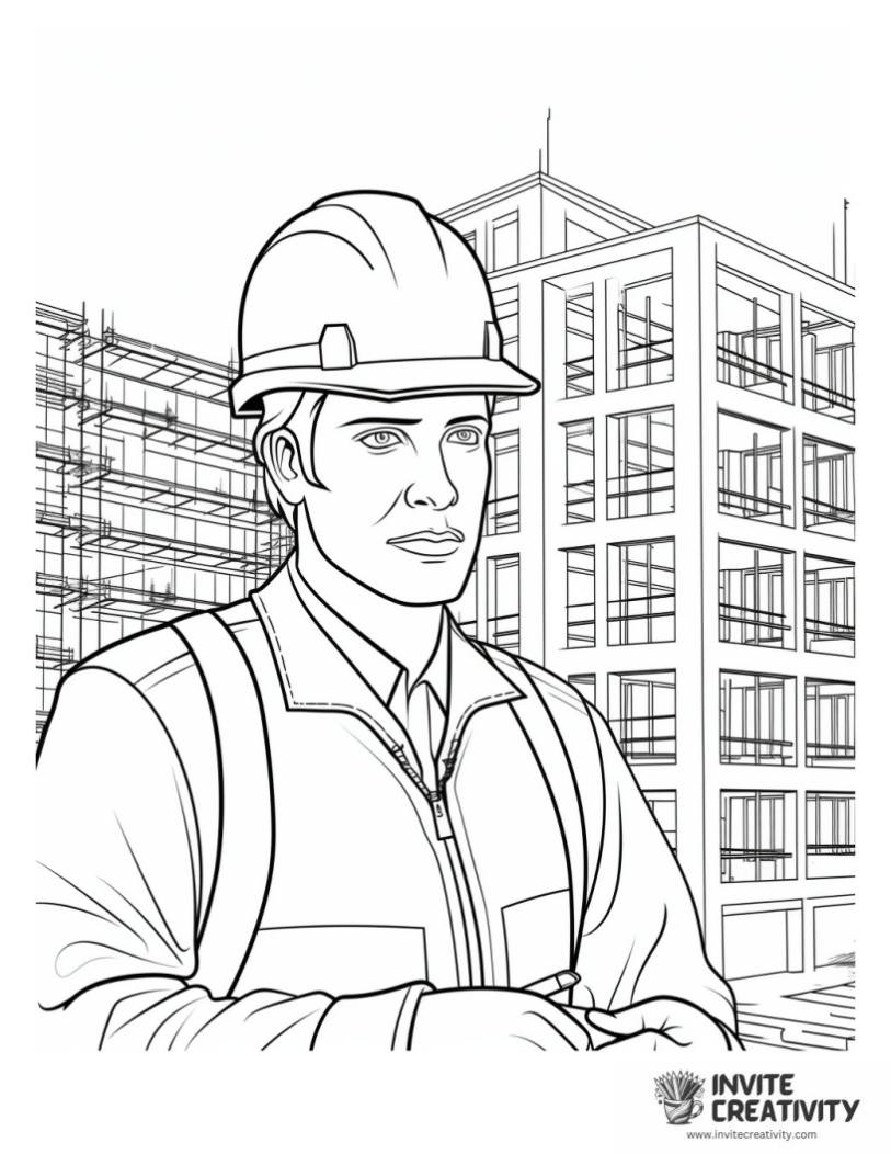 coloring sheet of contsruction worker and a building