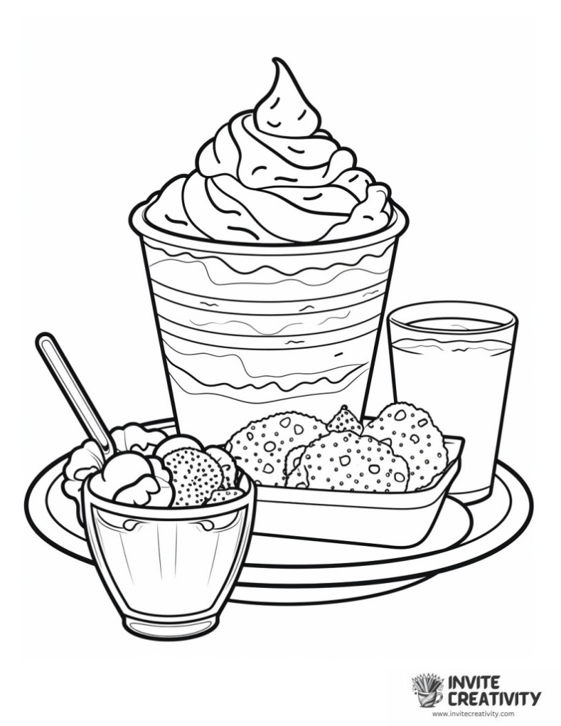 coloring sheet of dessert with ice cream