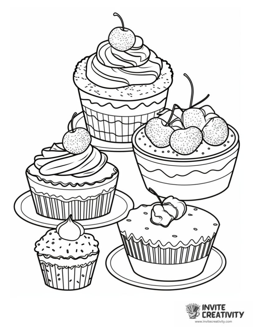 coloring sheet of desserts cartoon style