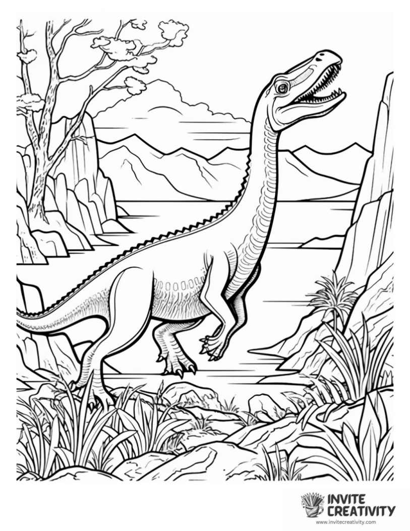 coloring sheet of dinosaur in a prehistoric setting