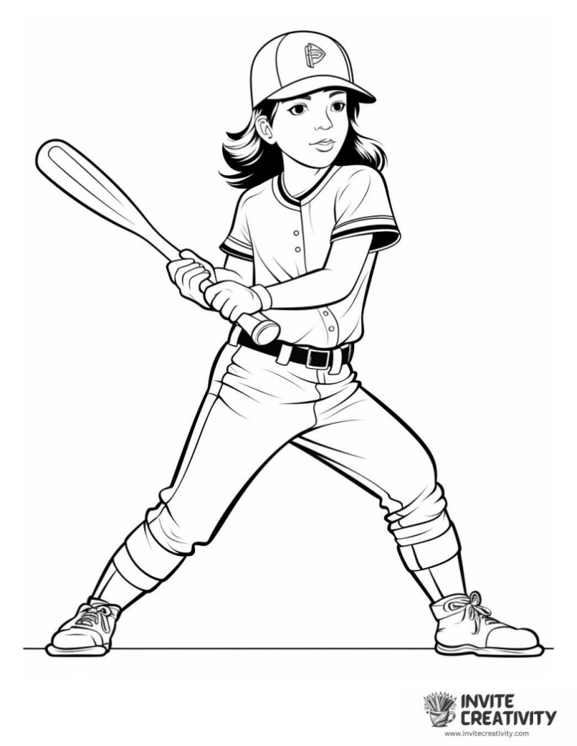 coloring sheet of girl playing baseball