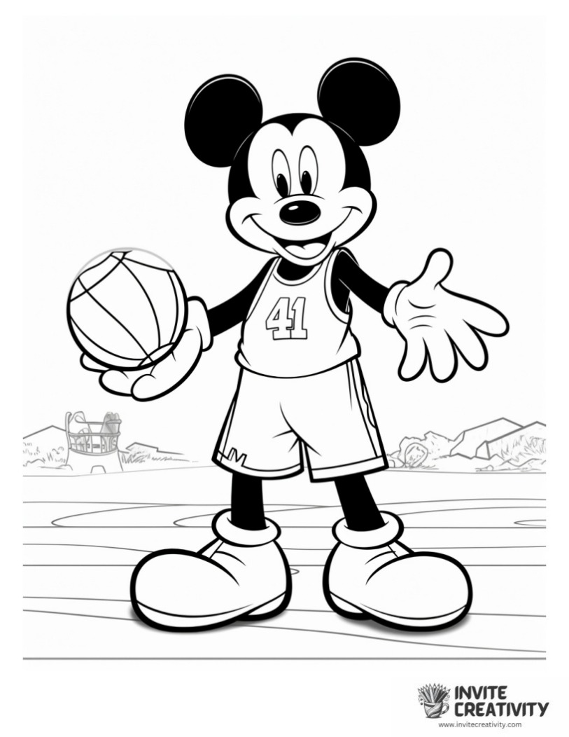 coloring sheet of mickey mouse playing volleyball