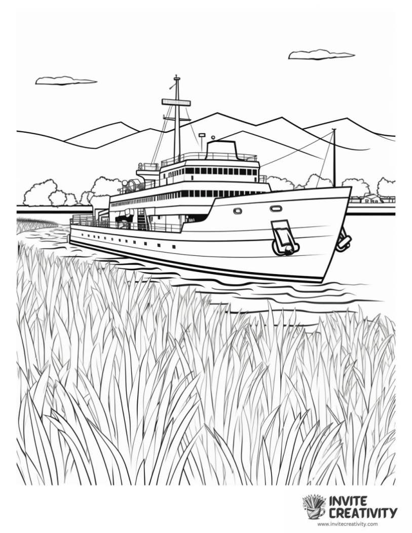 coloring sheet of ship and landscape