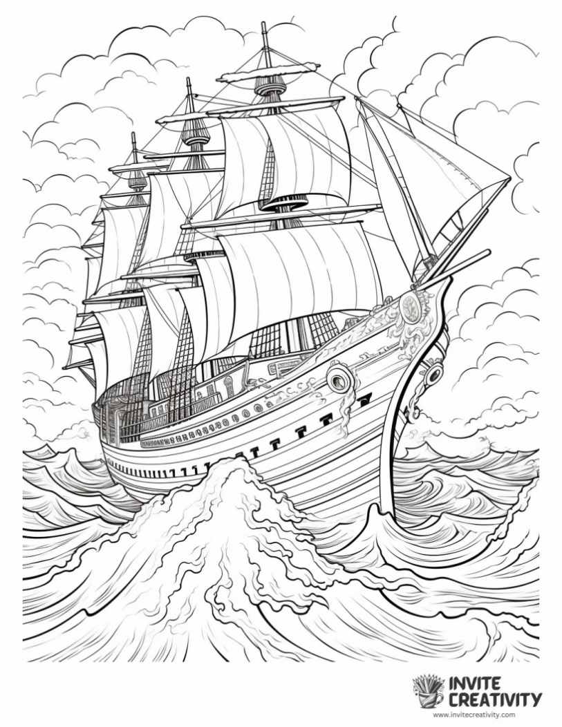 coloring sheet of ship in bad weather