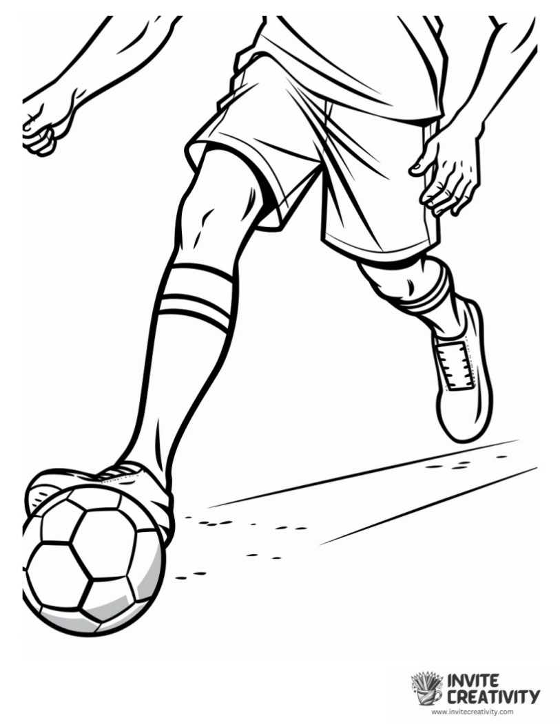 coloring sheet of soccer player running with a ball